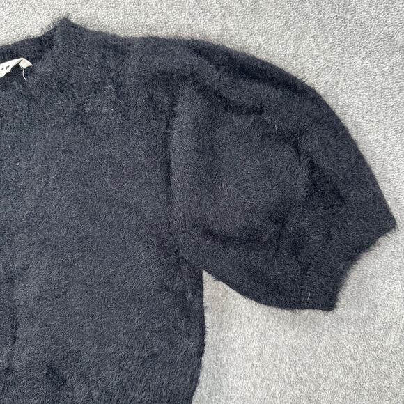 Day + Moon Fuzzy Cropped Sweater Top Size Small Black Short Puff Sleeve Crew Nec - Picture 3 of 9